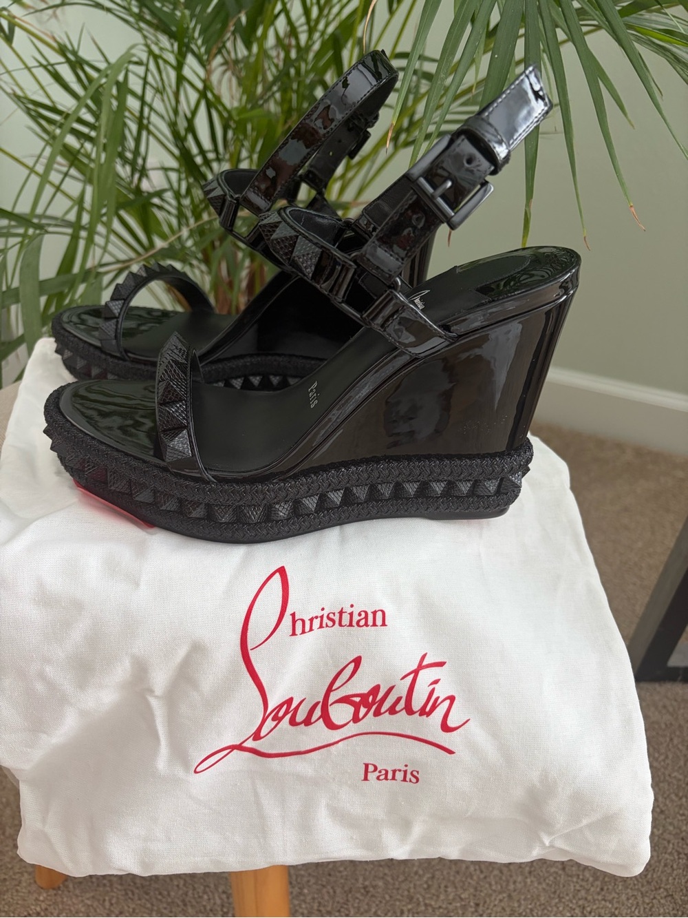 Christian Louboutin Black Studded Patent Platform Sandals with Red Sole Accent - Picture 4 of 7